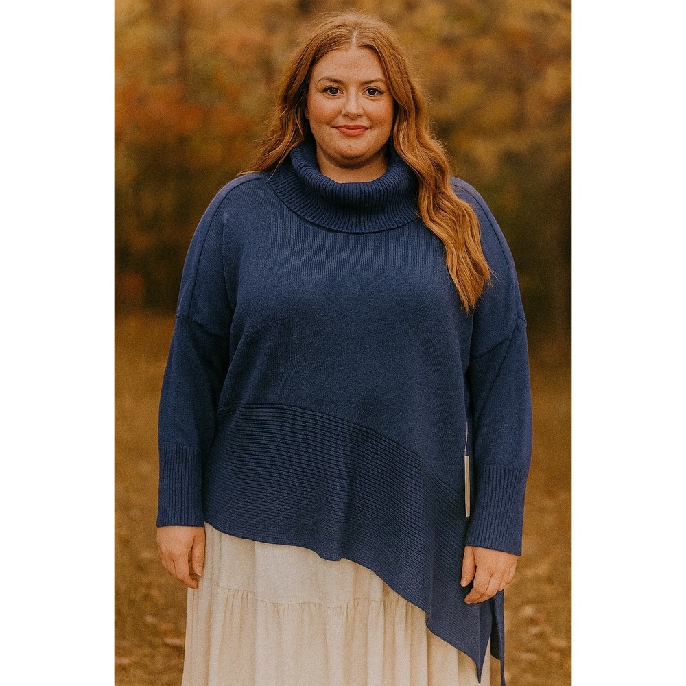 Chico's Cowl Neck Sweater 3 XL Blue Tunic Asymmetrical Hem Lagenlook NWT